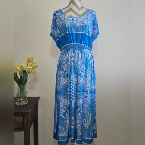 NWT Young USA Blue & White Paisley Pattern Midi Dress Size XL - Picture 2 of 10